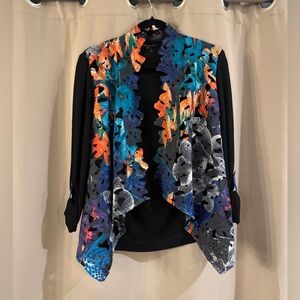 Alberto Makali Black Cardigan with Teal, Turquoise and Orange Lace Accents